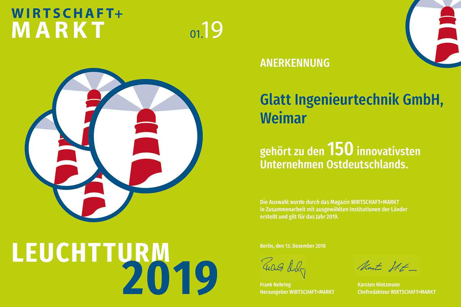 Glatt Ingenieurtechnik GmbH gehört zu den 150 innovativsten Unternehmen Ostdeutschlands