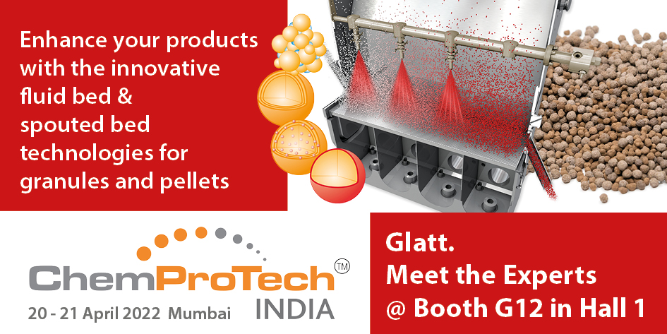Treffen Sie die Glatt Experten für Partikeldesign und Anlagenbau auf der ChemProTech India, Mumbai vom 20. - 21. April 2022, Bombay Exhibition Centre in Halle 1 am Stand G12