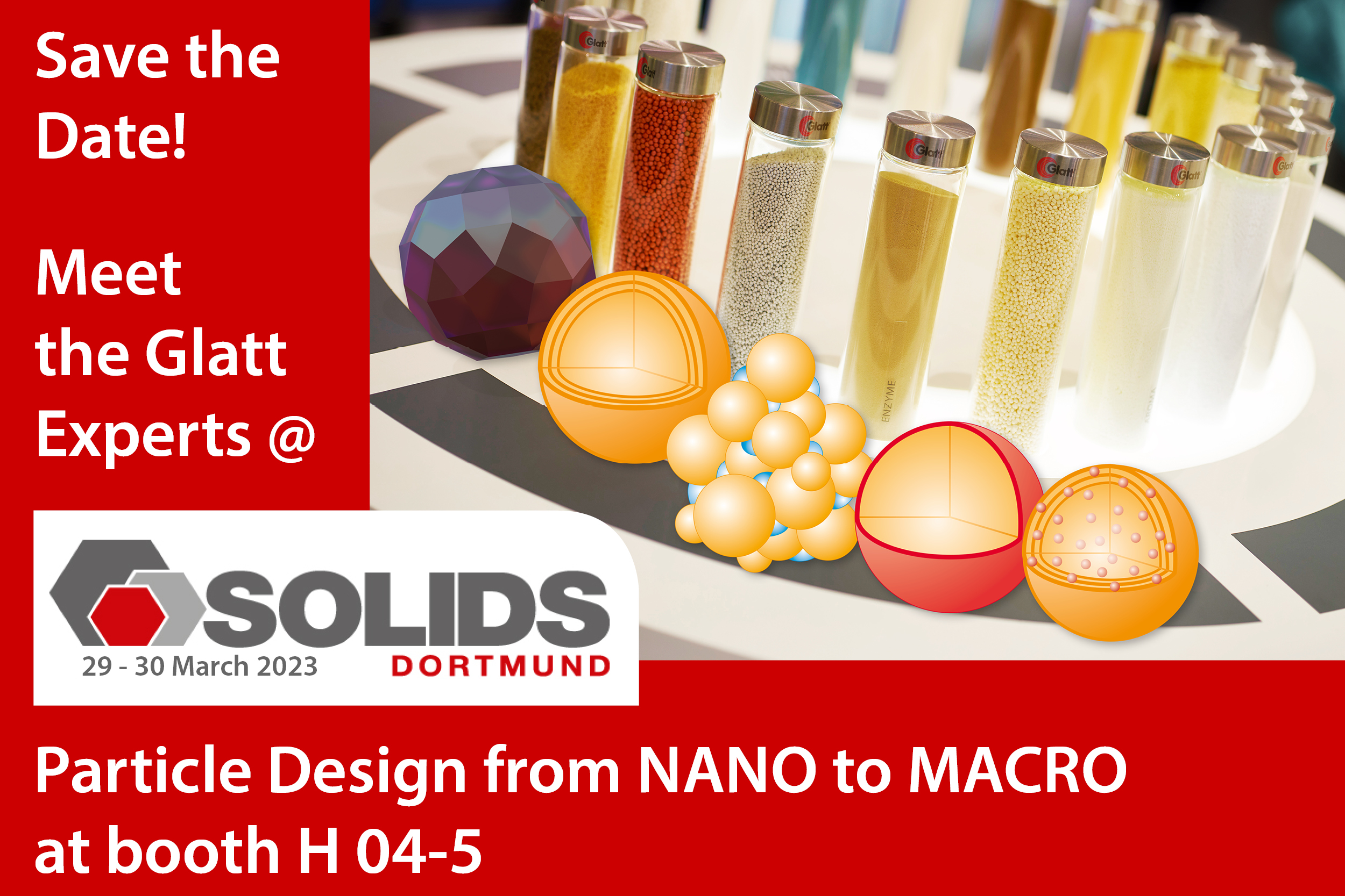 Meet the Glatt experts at SOLIDS from 29-30.03.2023 in Dortmund at booth H 04-5
