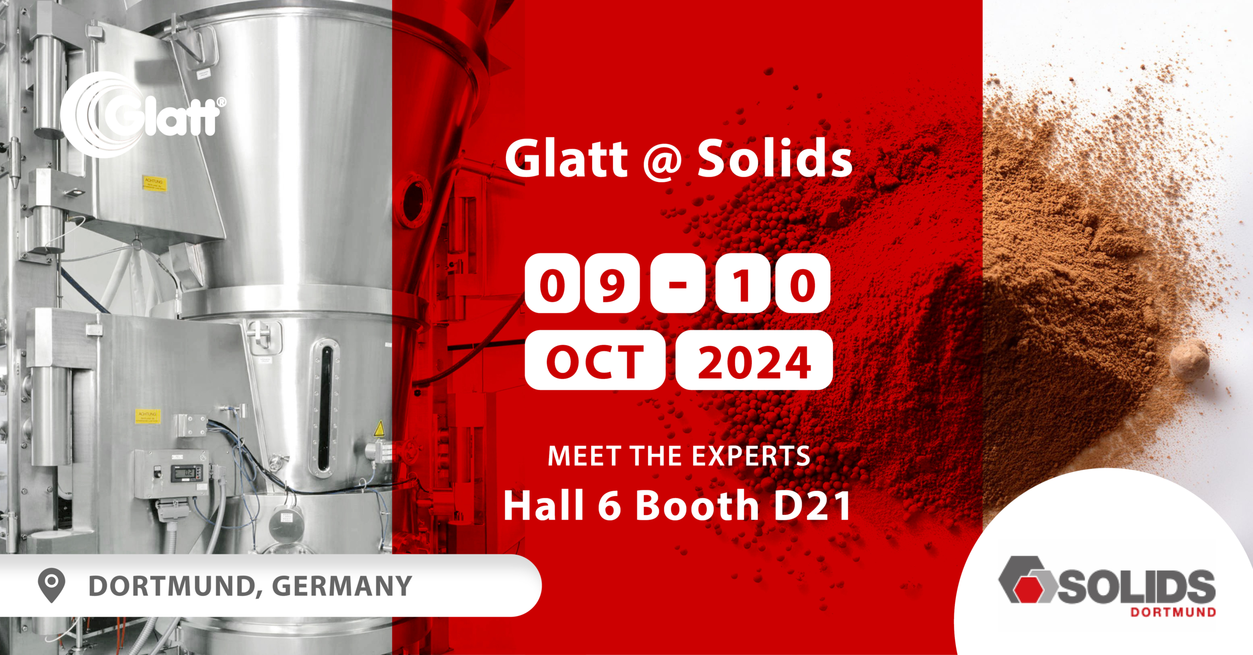 Termin vormerken: 09.-10.10.2024. Treffen Sie das Glatt-Team in Halle 6 am Stand D21 auf der SOLIDS in Dortmund