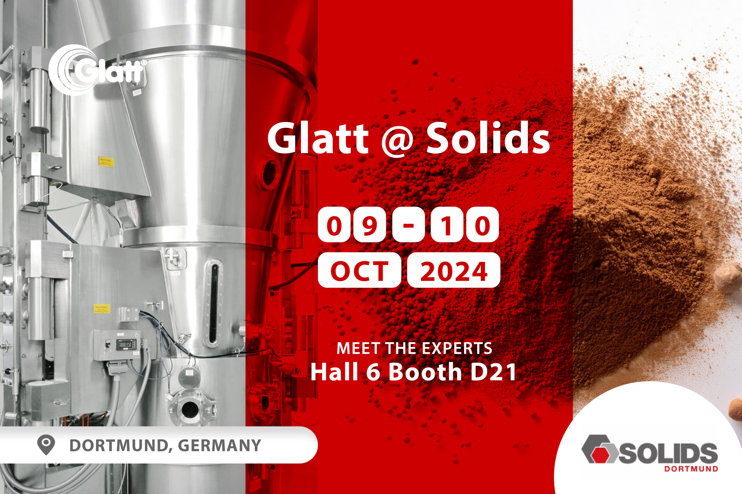 Save the date: 09.-10.10.2024. Meet the Glatt team in hall 6 at stand D21 at SOLIDS in Dortmund, Germany